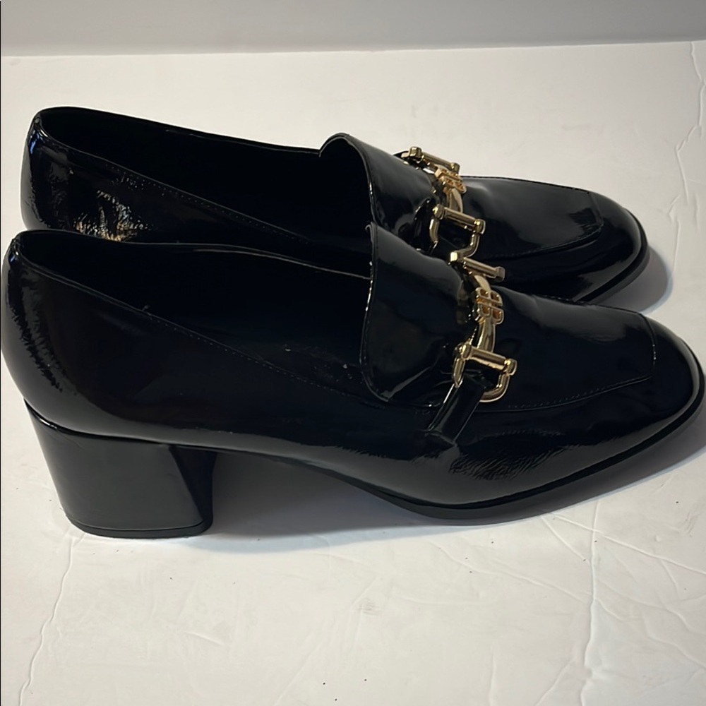 Stylish Black Patent Loafers with Gold Buckle - Picture 7 of 8